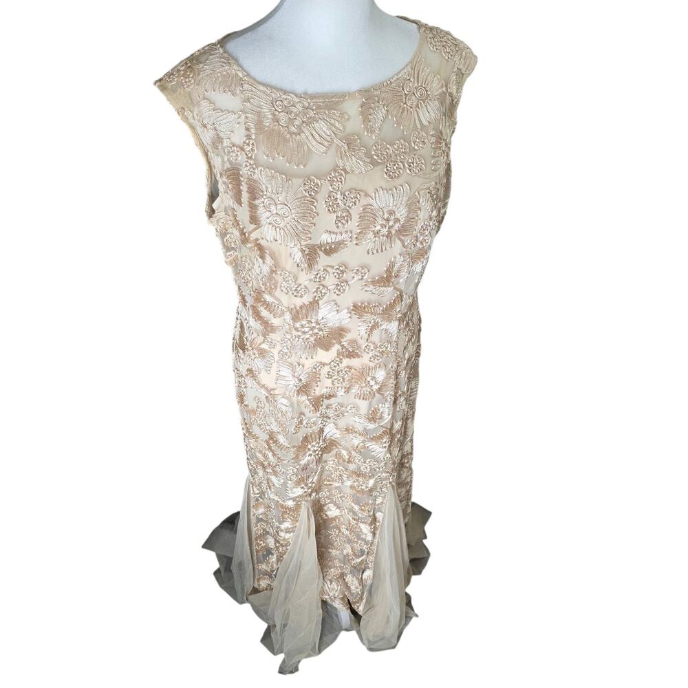 Alex Evenings Size 12 Champagne Lace Evening Gown Ribbon Back Tie Formal Dress